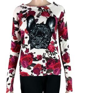 Oats Cashmere Floral & French Bull Dog Black & White Sweater